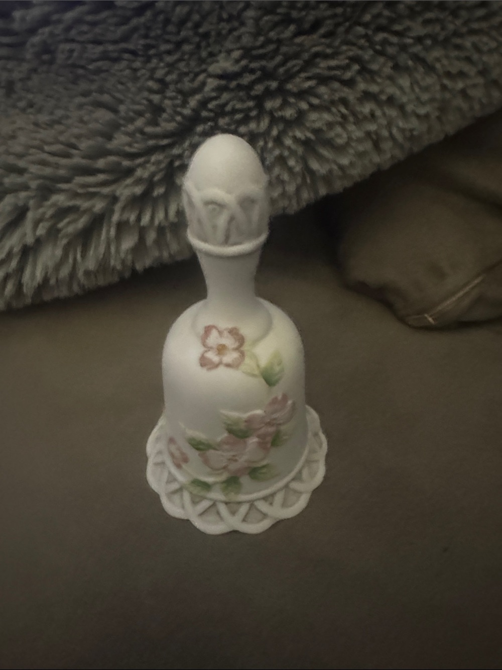 White Porcelain 1985 Decorative Bell with embossed Pink Floral Accents